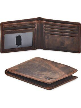 Leather Bifold Wallet RFID Blocking Slim Minimalist (Crazy Horse, Cognac) Men's